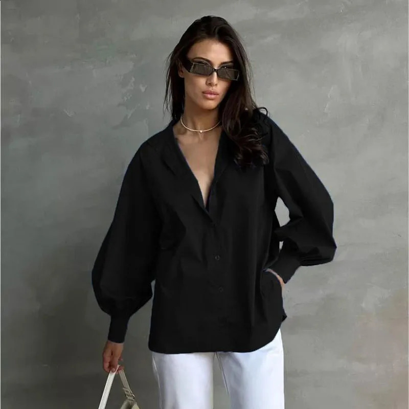 Womens Lantern Sleeve Oversized Blouse Casual Loose Streetwear Black White Shirt Woman Vintage All-Match Basic Blusas 260414