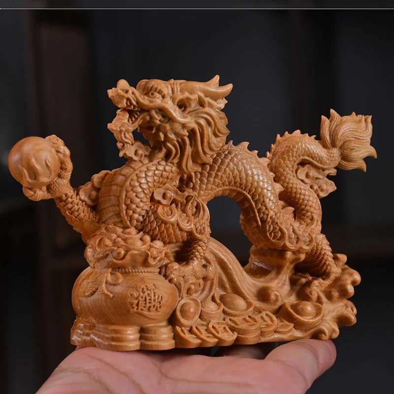 Solid wood carving Chinese Dragon Sculptures Figurines Auspicious animals Home Room Office Table decoration and accessoriesT260415