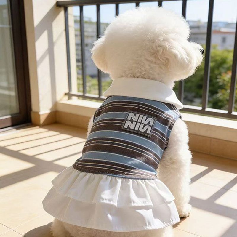 Striped Polo Collar Dog Dress, Breathable Puppy Vest Skirt with Ruffle Hem, Cute Small Dog Clothes for Bichon Yorkie, Fashion Stretch Pet Apparel for 