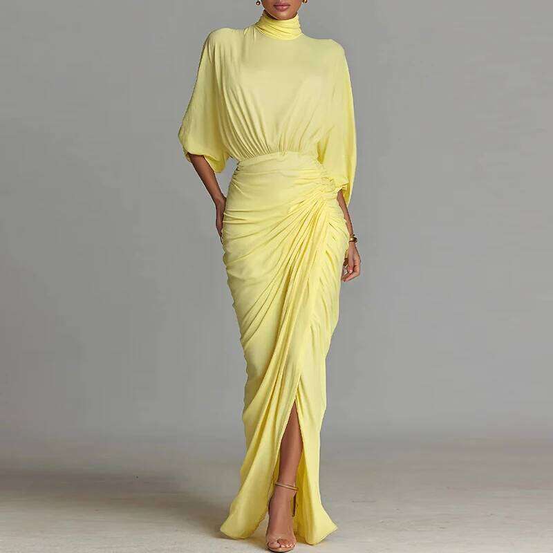 Yellow Lady Turtleneck Pleated Party Autumn Seven Quarter Sleeve High Waist Irregular Fashion Split Solid Long Dress MAKOUFEI