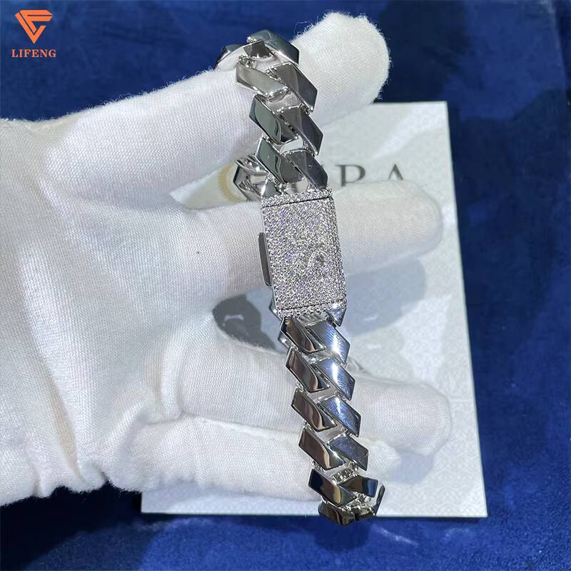 Hip Hop Jewelry Silver Plated 15mm Plain Cuban Bracelet with Moissanite Clasp Custom 925 Silver Bracelet for Men