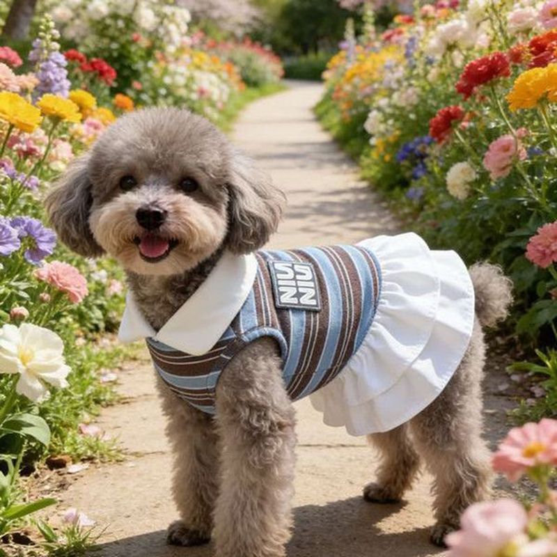 Striped Polo Collar Dog Dress, Breathable Puppy Vest Skirt with Ruffle Hem, Cute Small Dog Clothes for Bichon Yorkie, Fashion Stretch Pet Apparel for 