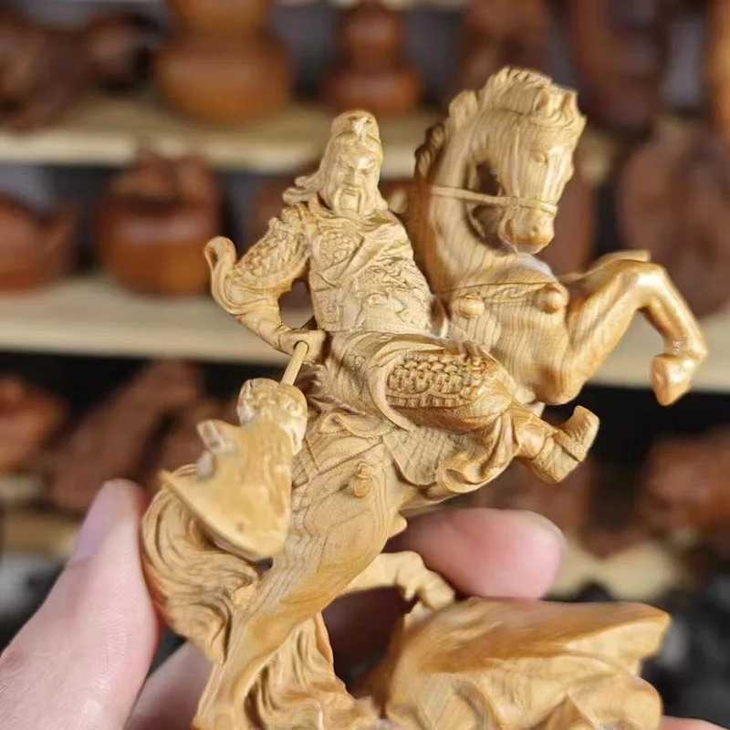 Wood carving Riding a horse Guan Gong God of Wealth Statue Chinese mythological figure Home room office decoration accessoriesT260415