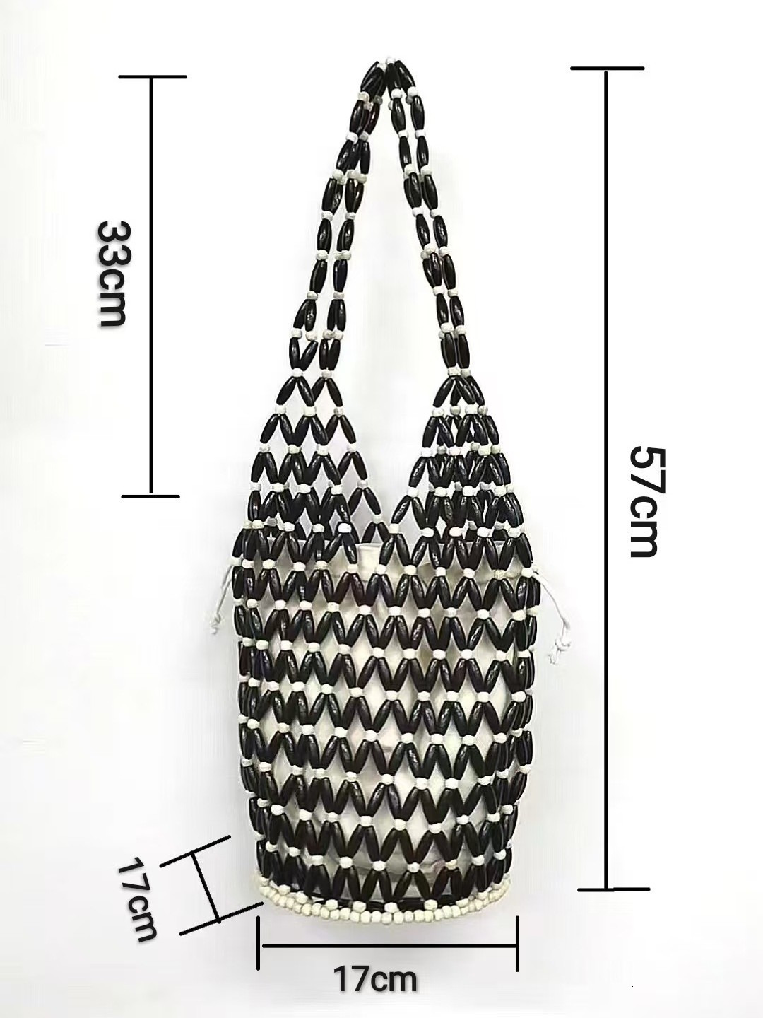 Handmade woven bag for women, cross-border niche design in Europe and America, hollowed out wooden bead bag, hand-held water bucket shoulder bag, mesh