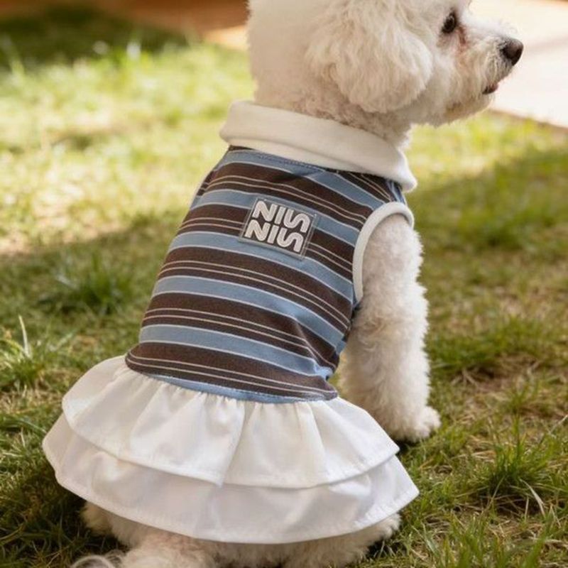 Striped Polo Collar Dog Dress, Breathable Puppy Vest Skirt with Ruffle Hem, Cute Small Dog Clothes for Bichon Yorkie, Fashion Stretch Pet Apparel for 