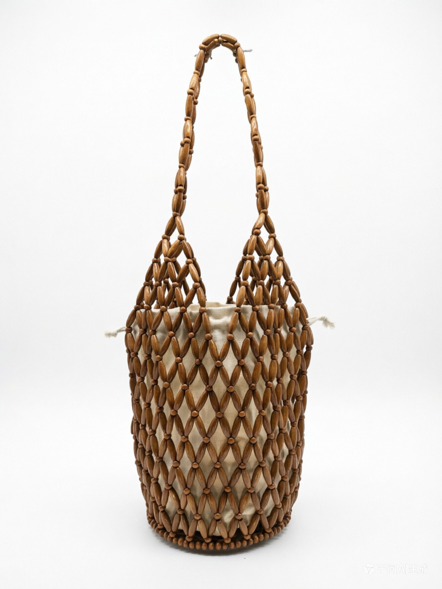 Handmade woven bag for women, cross-border niche design in Europe and America, hollowed out wooden bead bag, hand-held water bucket shoulder bag, mesh