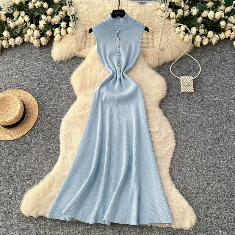 2026 French summer FC k30 new designer fashionable gold elegant hollow out single breasted high neck sleeveless knitted dress