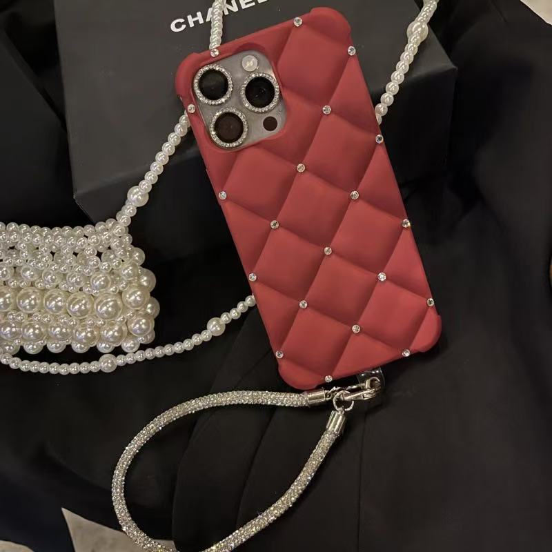 Luxe Red Quilted Phone Case with Bling Diamonds 3D Grid Protective Cover