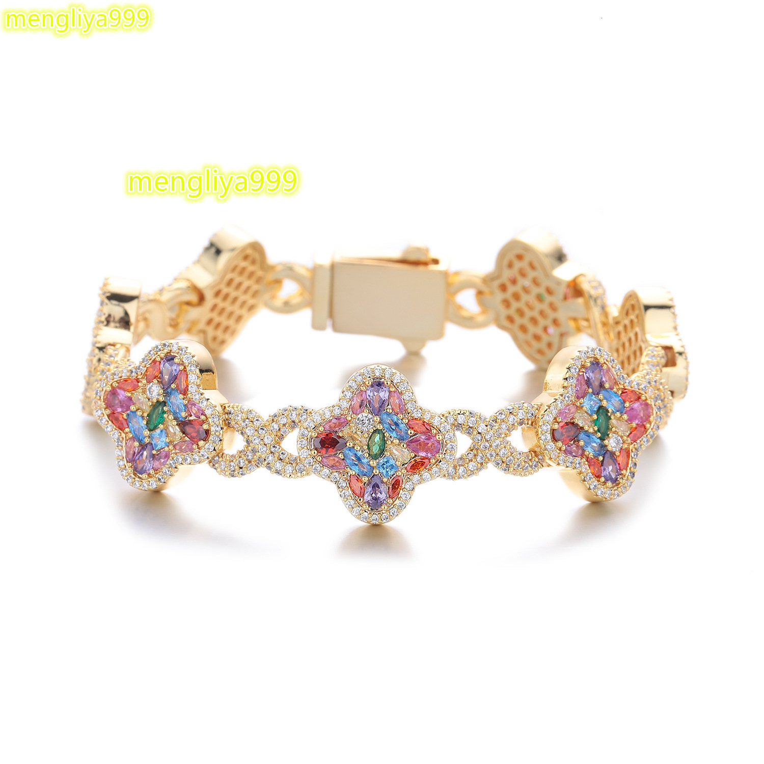 2026 Luxury Trendy Hip Hop Jewelry Rainbow Flower Infinite Bracelet Iced Out Irregular Colorful Four Leaf Clover Bracelet