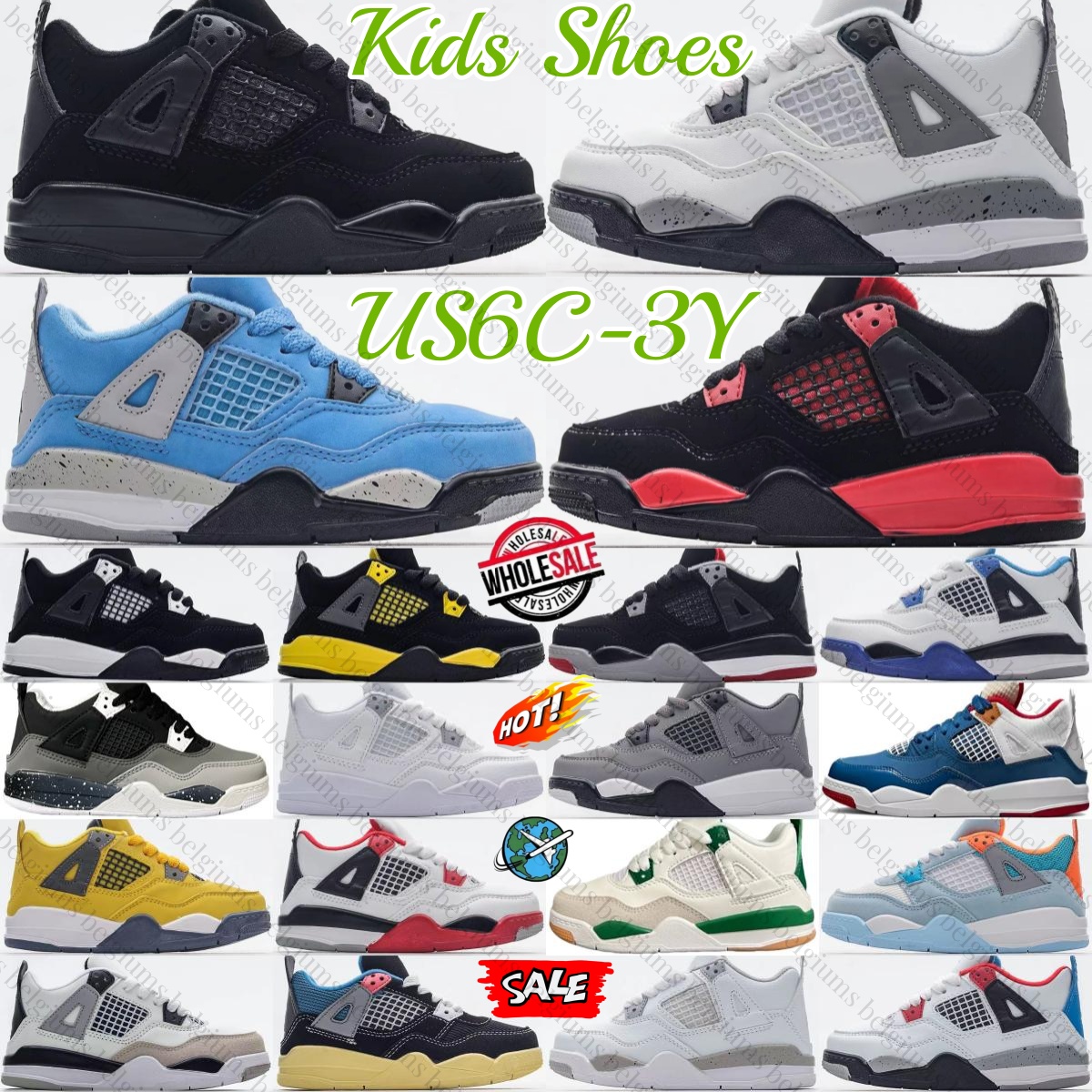 Kids Basketball Shoes 4s Toddlers Sneakers 4 Boys Girls Military Black Cat Designer Trainers Thunder Red Children Youth Blue Cool Grey Bred White Oreo Cement Seafoam