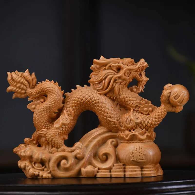 Solid wood carving Chinese Dragon Sculptures Figurines Auspicious animals Home Room Office Table decoration and accessoriesT260415