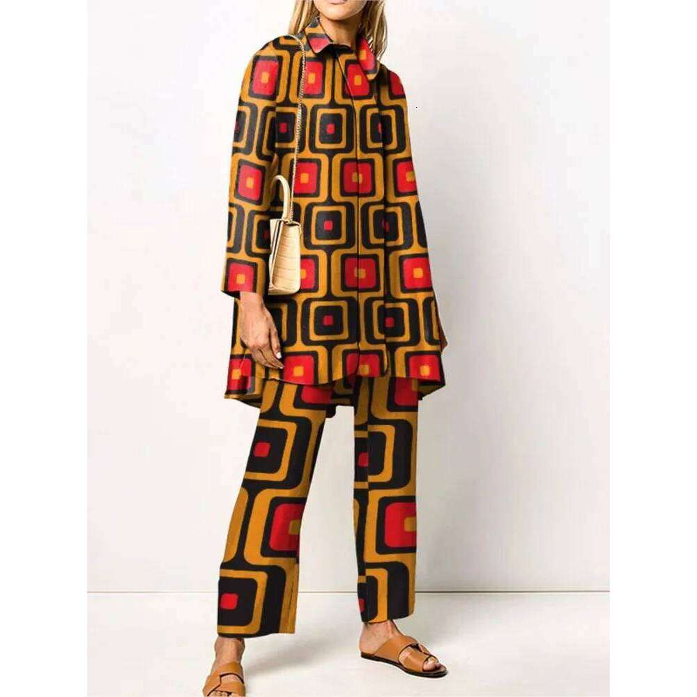 Autumn New Vintage Printed Pant Sets Women Long Shirts And Wide Legs Trousers Two Piece Set Fashion Trendy Streetwear Lady Suits MAKOUFEI