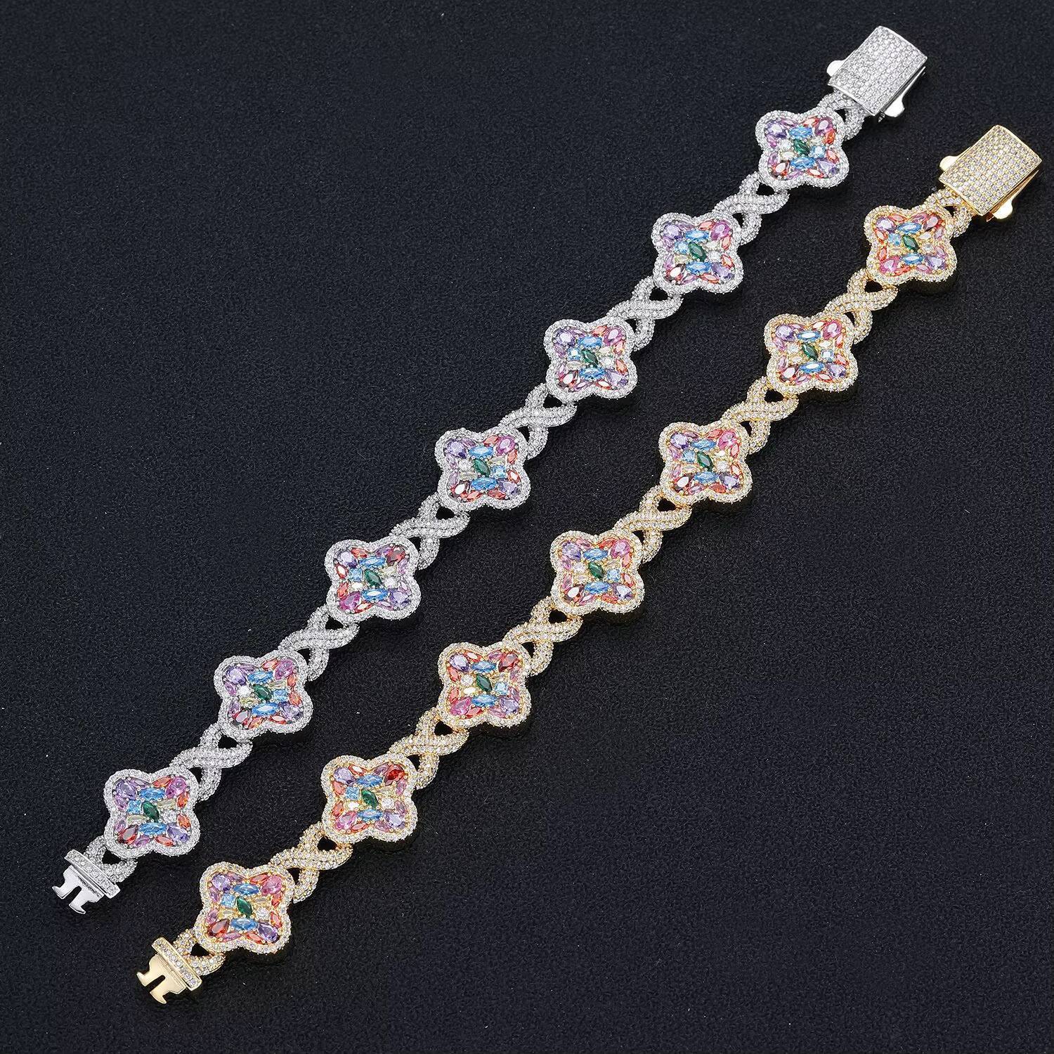 2026 Luxury Trendy Hip Hop Jewelry Rainbow Flower Infinite Bracelet Iced Out Irregular Colorful Four Leaf Clover Bracelet