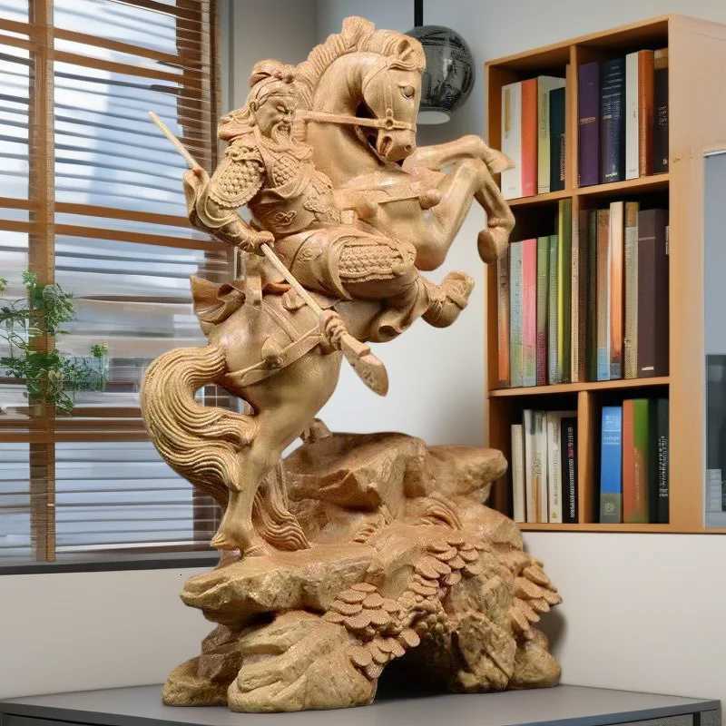 Wood carving Riding a horse Guan Gong God of Wealth Statue Chinese mythological figure Home room office decoration accessoriesT260415
