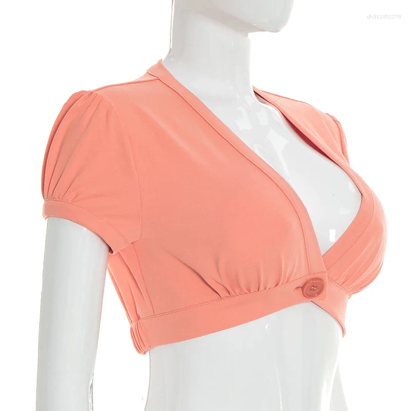Women's T Shirts Casual V Neck Crop Top Short Sleeve T-Shirts Women Summer Single Button Tee Shirt Beach Vacation Female Cropped Tops