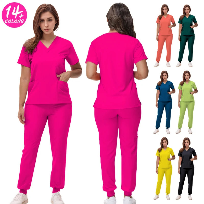 Stretchy Nurse Uniforms V-neck Top Jogger Pants Scrub Sets Workwear Dentist Nursing Suit Hospital Doctor Outfit S21 260414