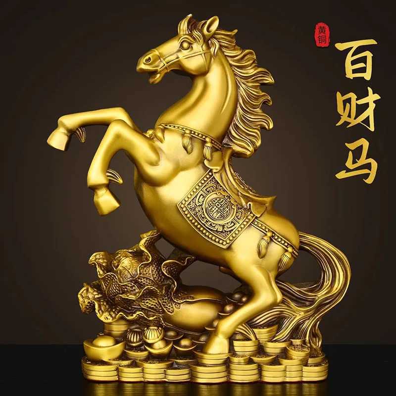 Brass Zodiac Horse Statue with Gold Coins - Galloping with Wealth Fortune Horse Figurine Chinese Zodiac Decor AuspiciousT260415