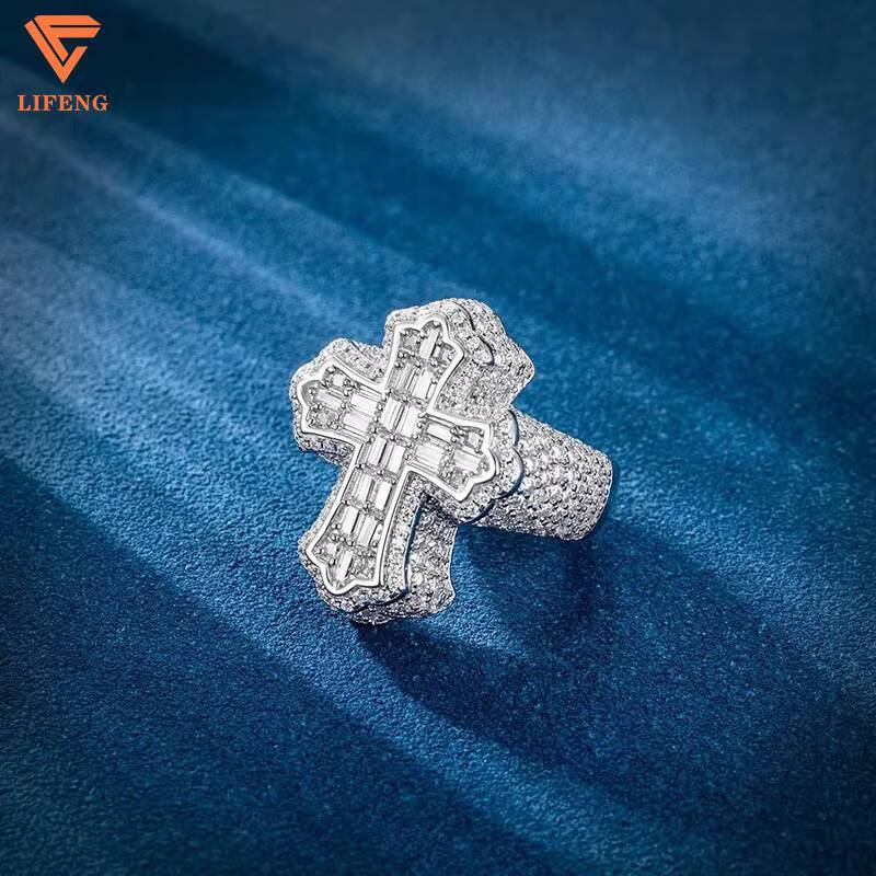 New Trendy Mens 925 Sterling Silver 18K Gold-Plated Luxury Baguette Cut Cross Ring VVS Moissanite Diamond Custom Hip Hop