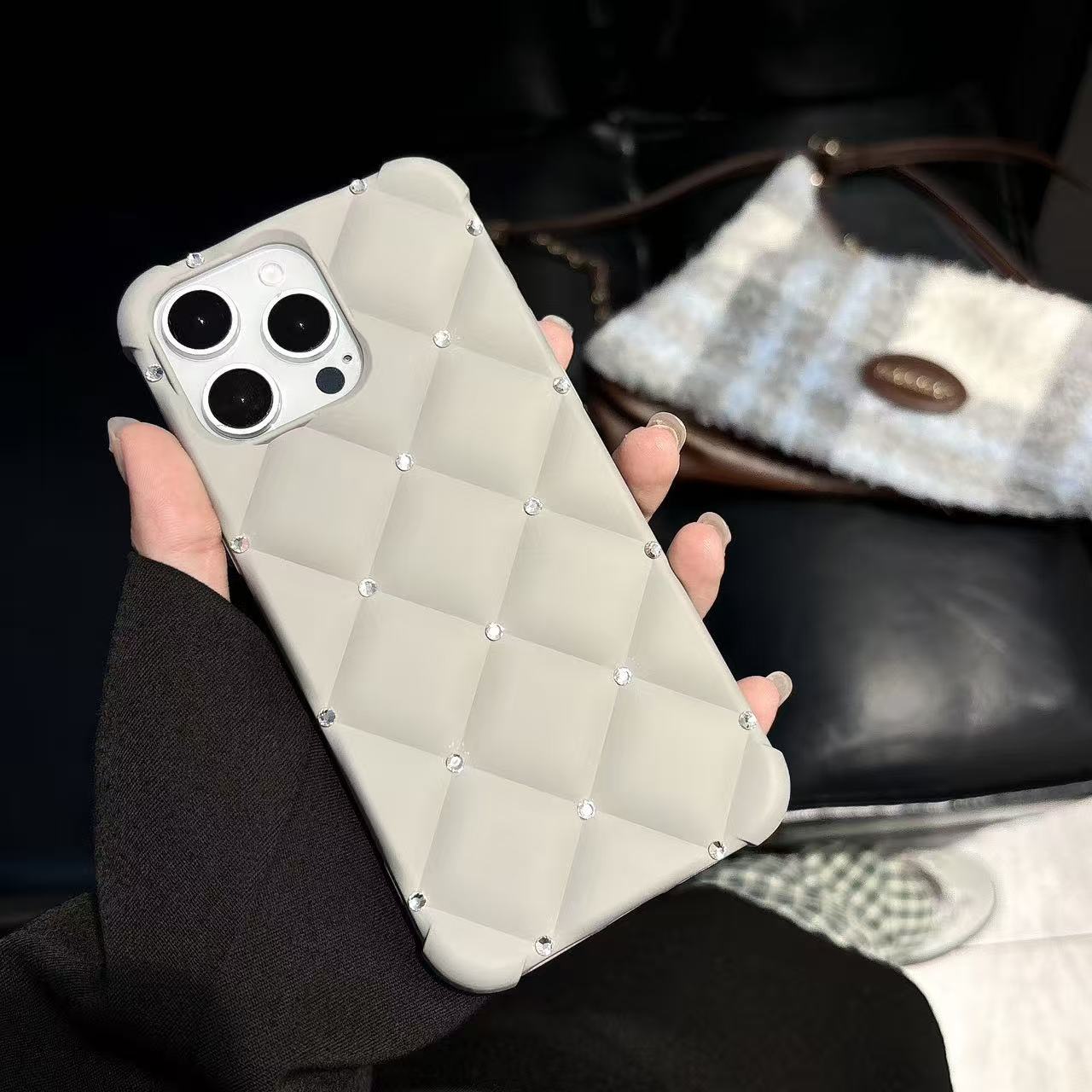 Luxe Red Quilted Phone Case with Bling Diamonds 3D Grid Protective Cover