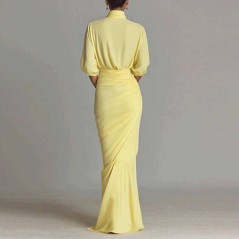 Yellow Lady Turtleneck Pleated Party Autumn Seven Quarter Sleeve High Waist Irregular Fashion Split Solid Long Dress MAKOUFEI