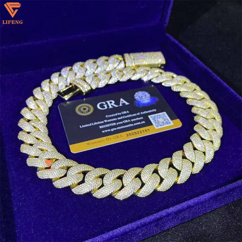 Vvs Diamond Chain Cuban Link Chain Necklace Gold Plated Solid 925 Silver baguette Cuban Link Moissanite