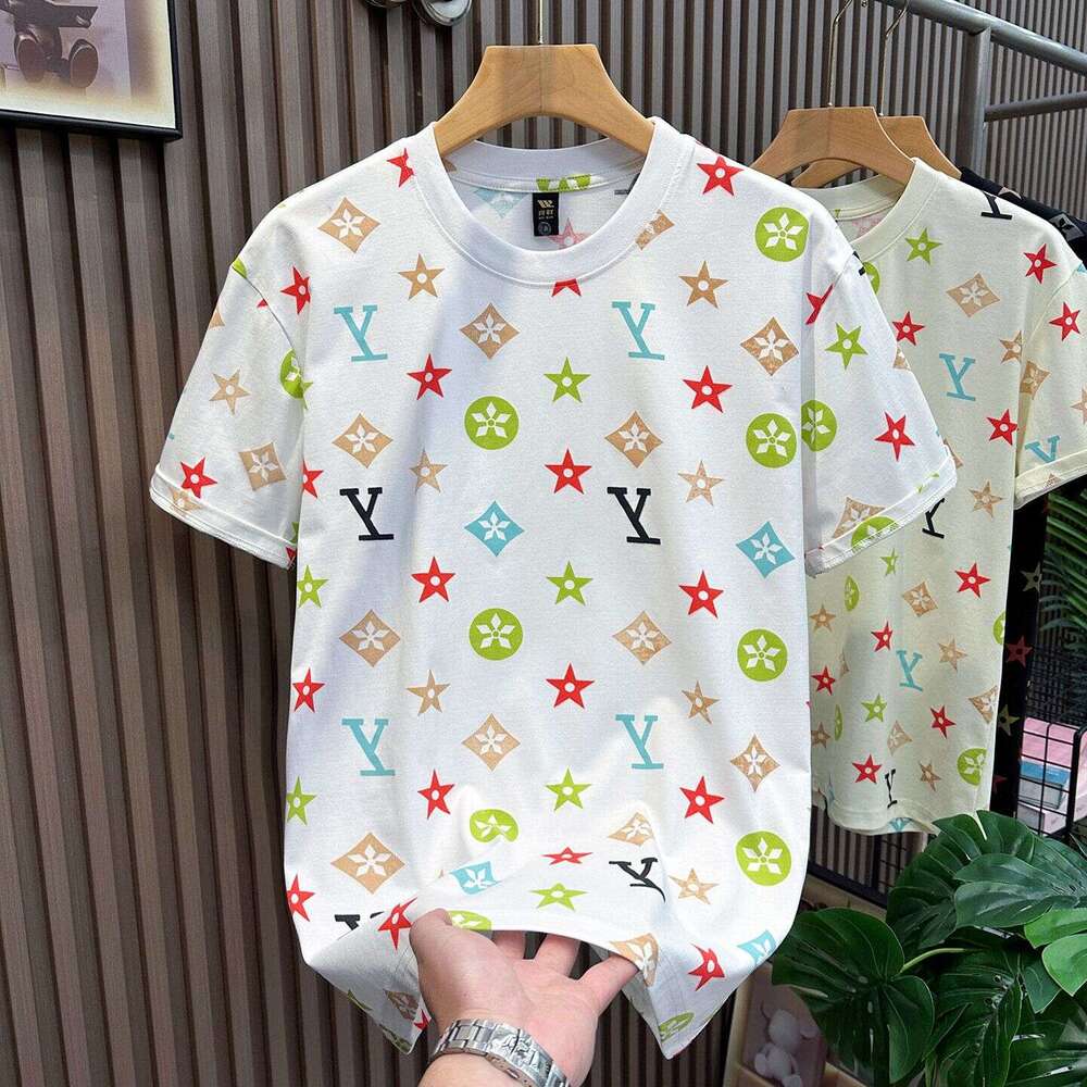 Light Luxury Short-Sleeved Mens Summer New Full-Print Vintage Heavy-Duty T-Shirt Trendy Versatile Round-Neck Top Stylish Casual Base Shirt Asia Size