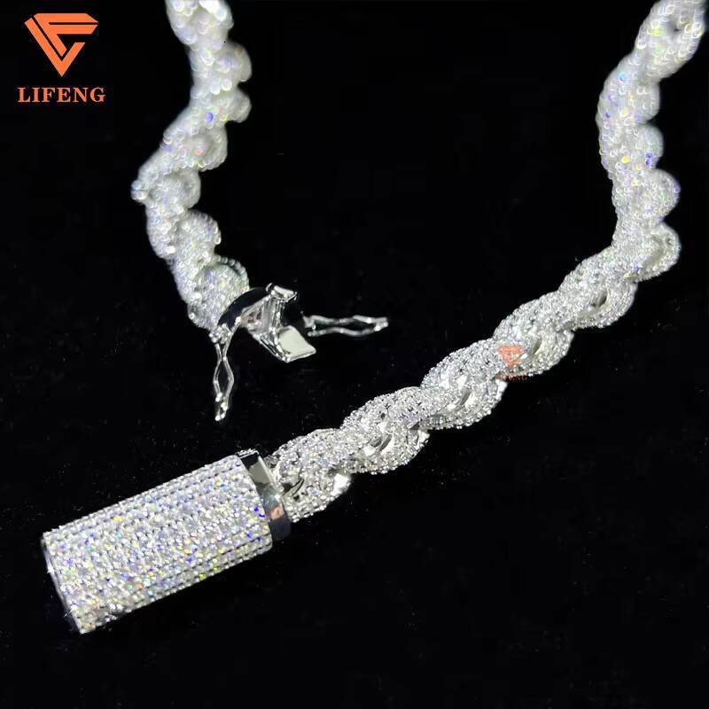 Hip Hop Jewelry Custom 8mm 925 Sterling Silver Vvs Moissanite Diamond White Gold Plated Iced Out Rope Chain Necklace for Men
