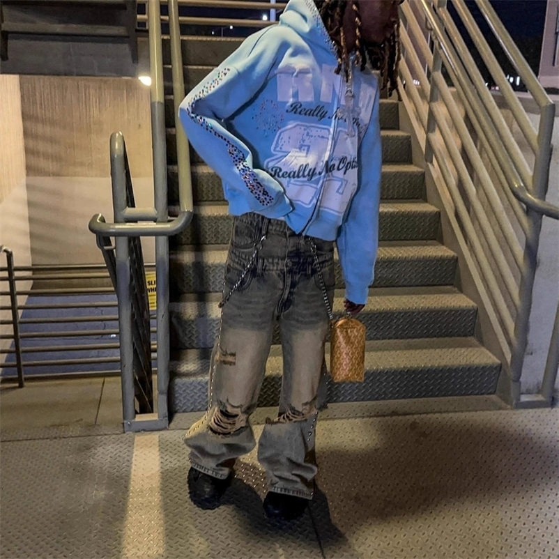 Light Blue Acetate Zip-Up Hoodie with Leopard Trim, Men's Sport Y2K Cropped Zip Hoodie - view 5