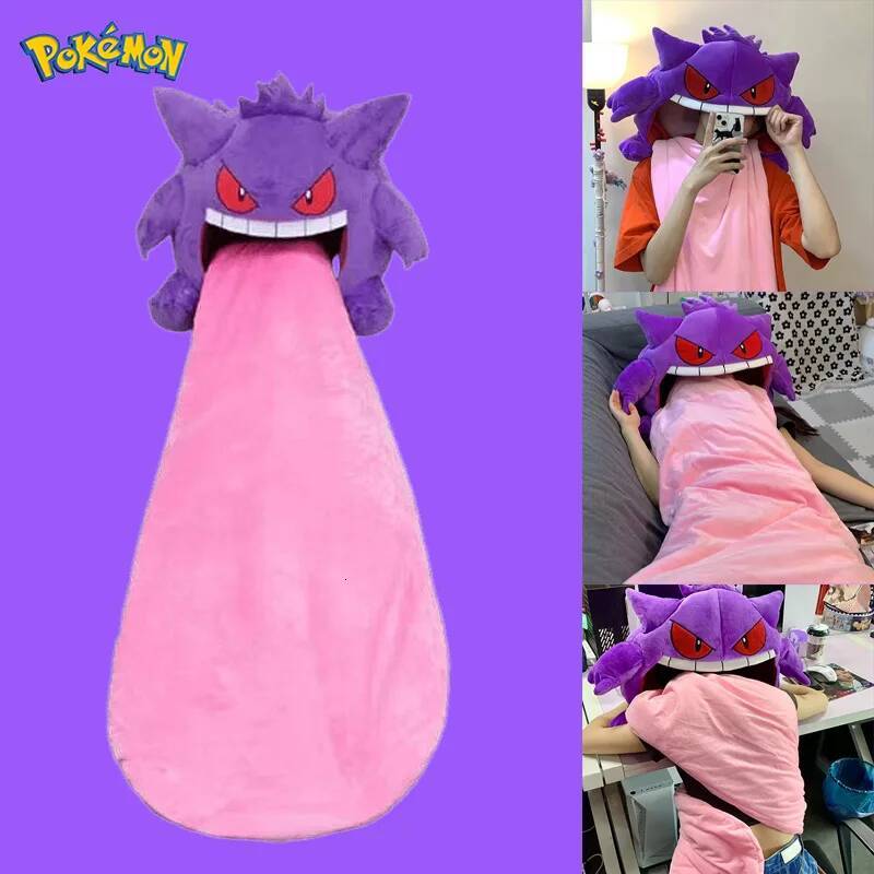 Gengar Plush Pillow and Nap Blanket Set, Purple Pink Anime Sleep Plush for Kids