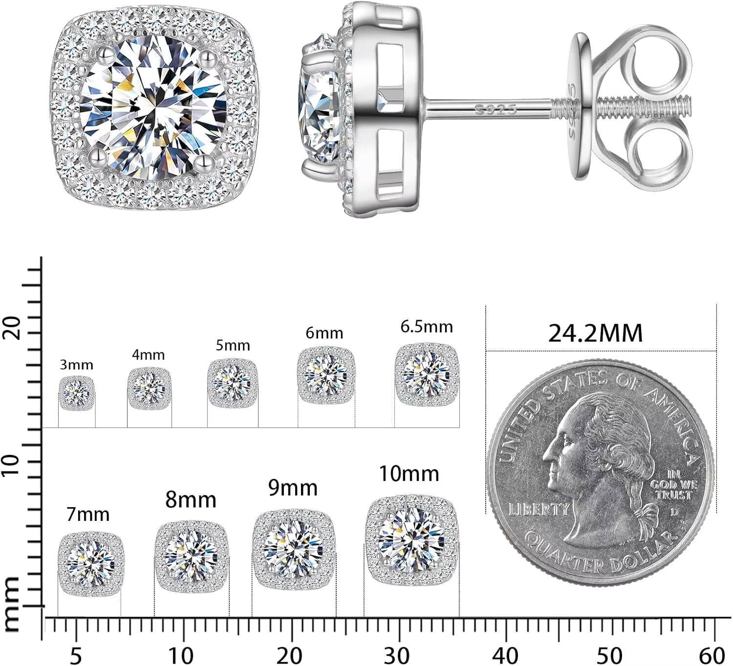 Pass Diamond Tester Screw Back Moissanite Square Halo Stud Earrings White Gold 925 Sterling Silver Fine Jewelry for Men Women