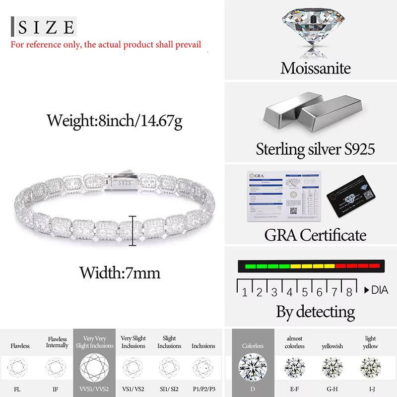 New Arrival Handmade Claw Set Round Brilliant Cut Vvs D Moissanite Rapper Luxury Glamour 925 Sterling Silver Bracelet