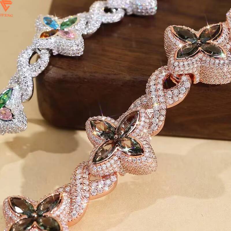 925 Silver Cuban Link Bracelet with Multiple Flower-Shaped Bracelet Moissanite Marquise Cut Colorful 925 Silver Chain Jewelry