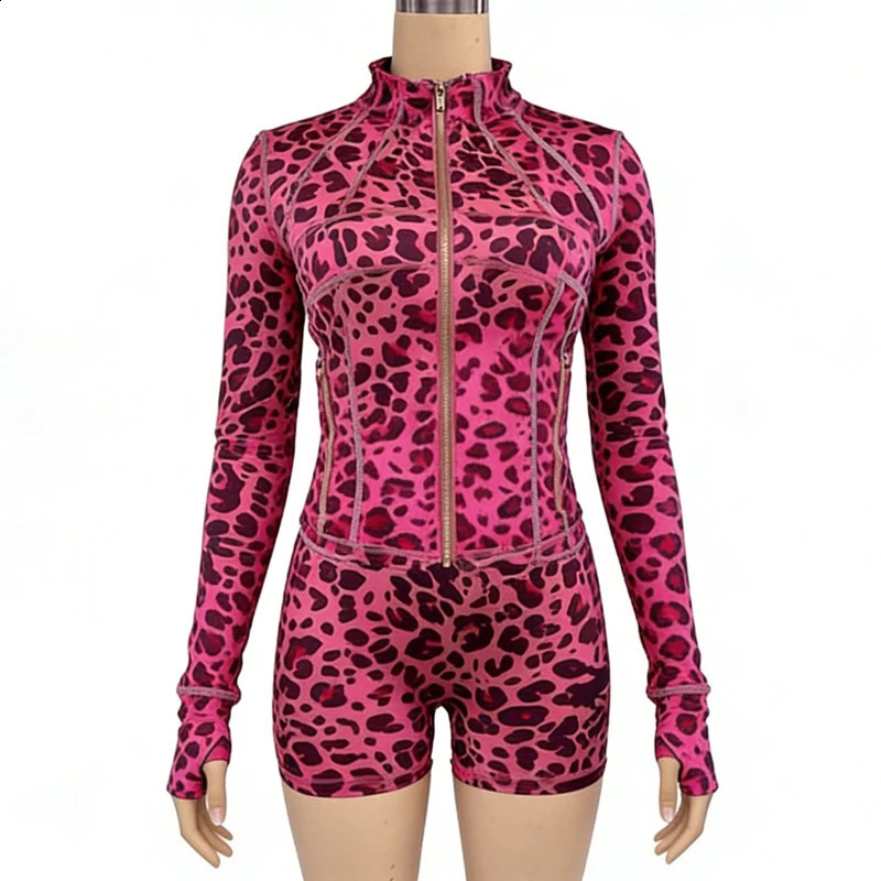 Leopard Print 2 Pieces Set for Women Trendy Outfits Sexy Gym Tracksuit Slim Zip up Tops and Shorts Matching Sets Club Wear 260415