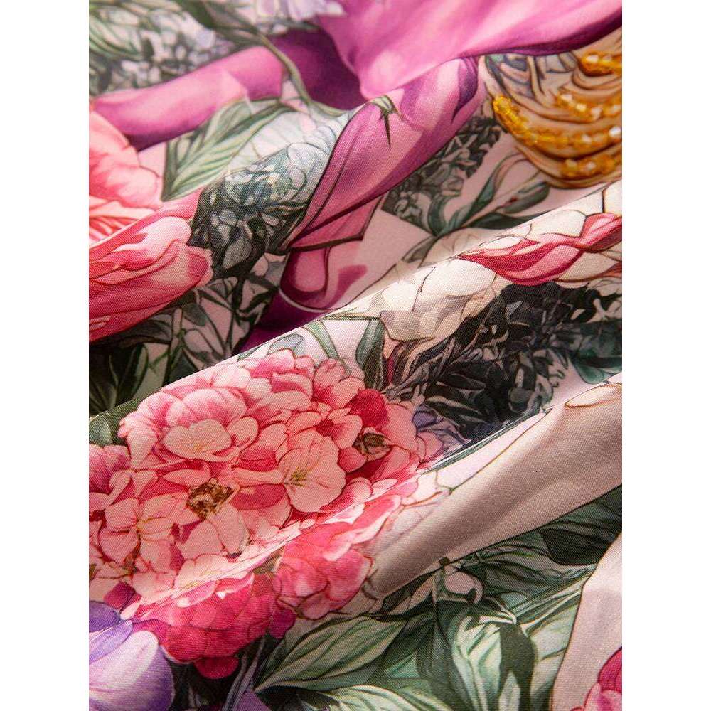 Women Beaded Horse Print Pink Short Sleeve Loose Straight Fit Elegant Spring Summer Casual Midi Dress New Arrival MAKOUFEI