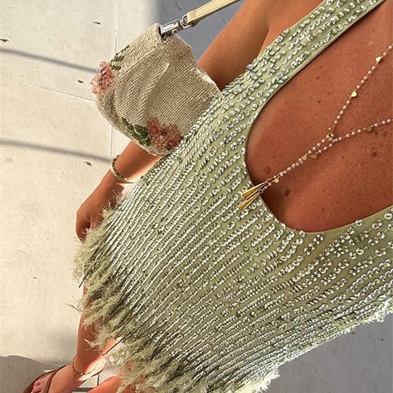 Sequined Tassel Fur Halter Dress V-Neck Shiny Fringe Suspender Women Vest Short Dresses Sexy Evening Gown 260415