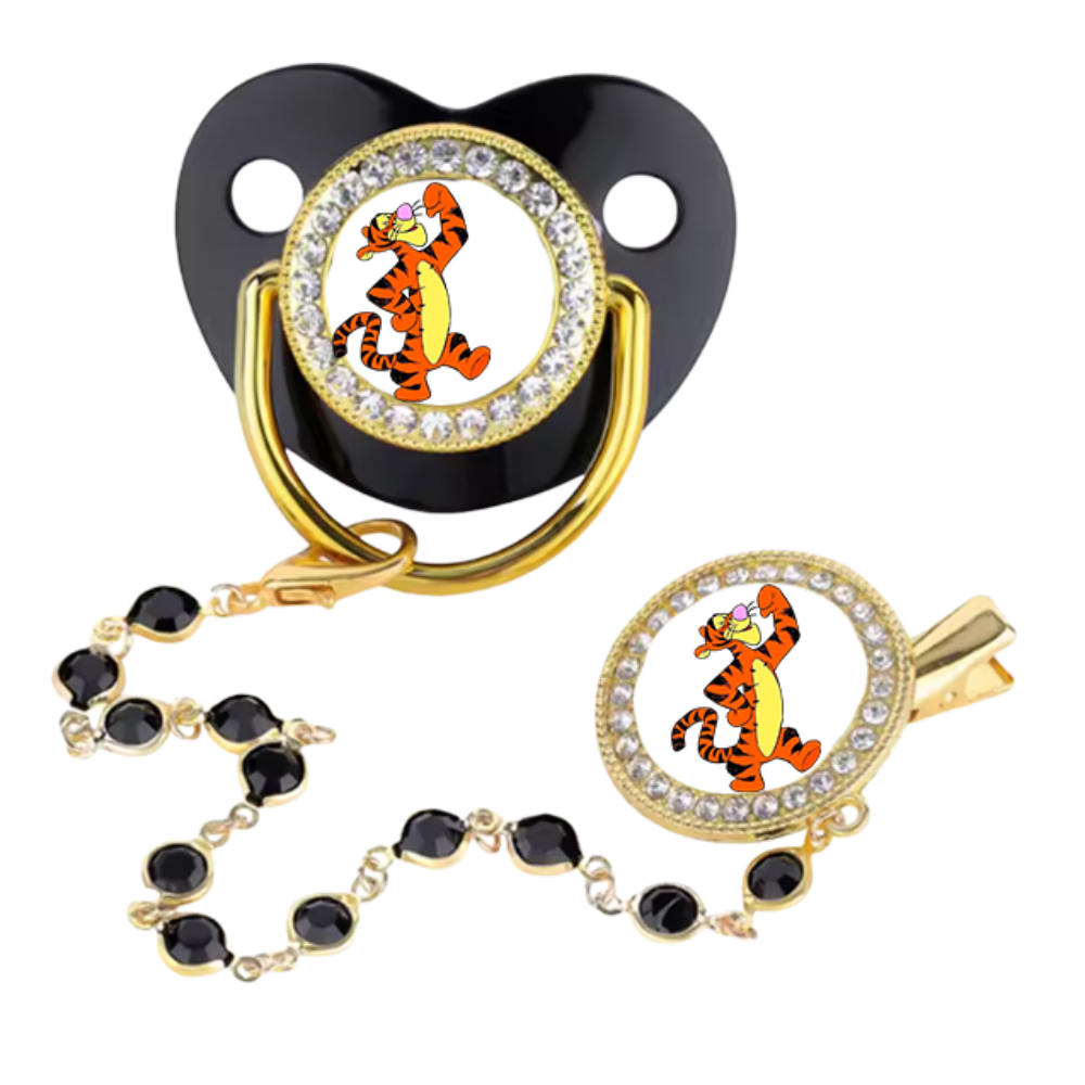 Luxury Baby Pacifier Set with Cartoon Bear Design - Black Shield, Rhinestone Trim, Gold Chain & Clip, Novelty Soother for Infants & Toddlers