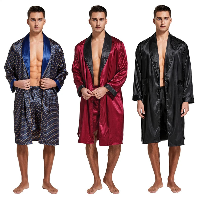Tony Candice Mens Satin Robe Lightweight Long Sleeve Silk Kimono Bathrobe with Shorts Set Sleepwear 260415