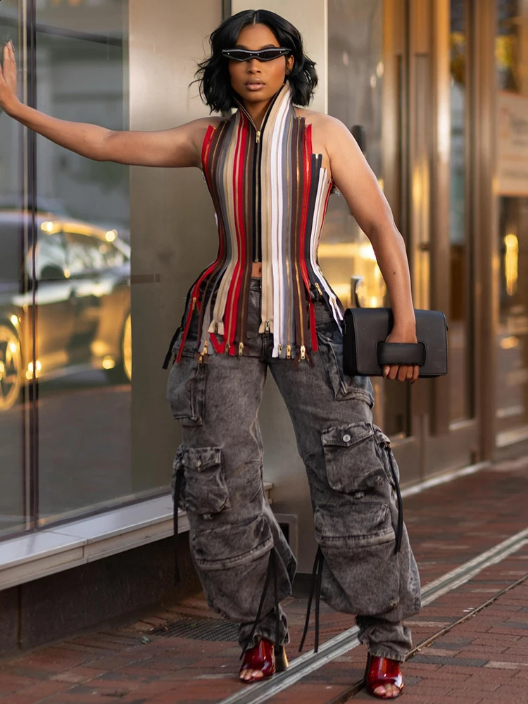 Nibber Backless Irregular Hem Tank Tops Woman Colorful Stripe Halter Multiple Zip Bandage High Street Hip-Hop Style Vests 260415 - view 3