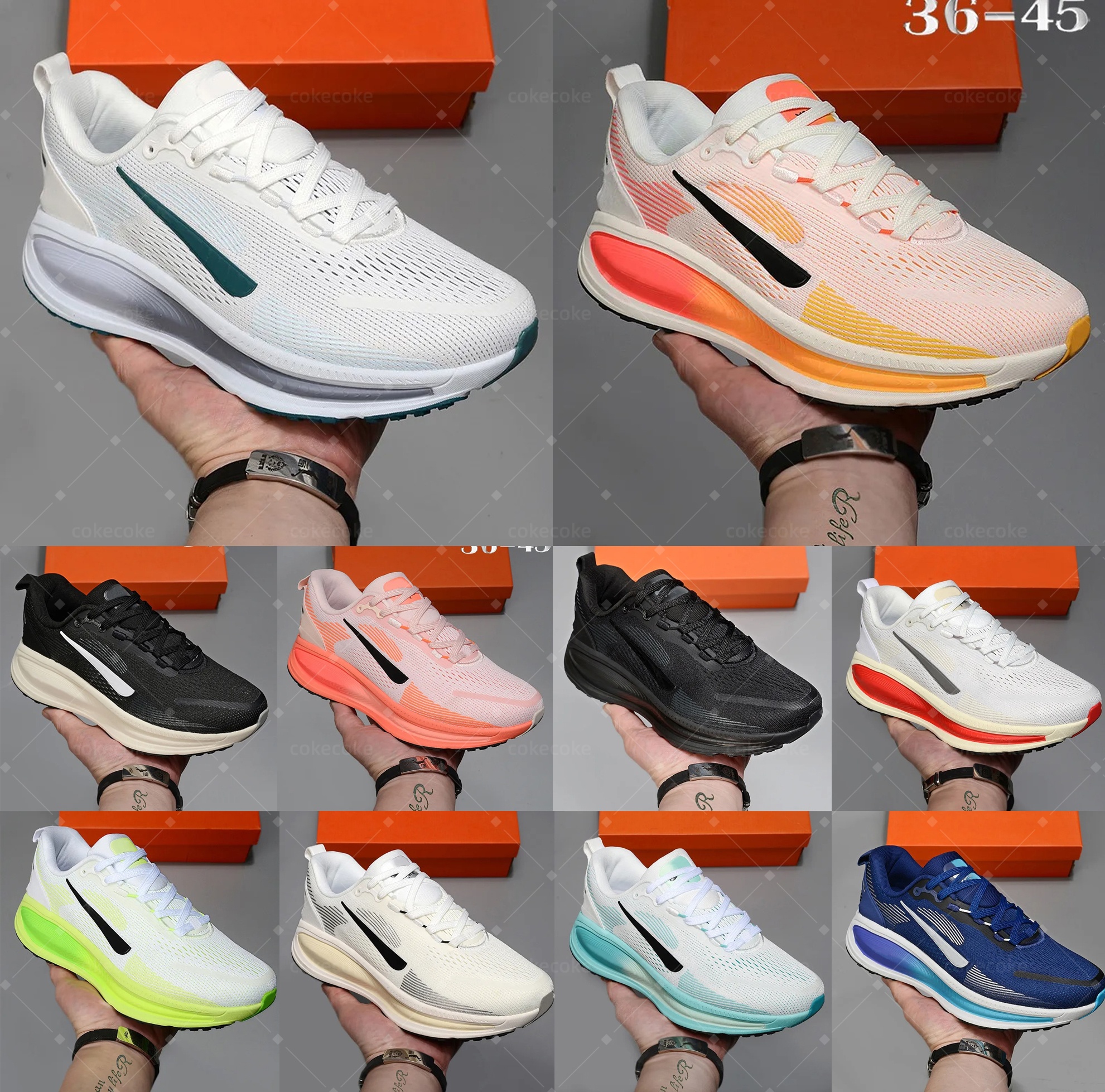 New Vomeros Plus 18 Designer Running Shoes ZoomX Foam Midsole Vomeros 18 Orange Triple Black White Coconut Milk Cream Echo Pink Grey Green Trainers