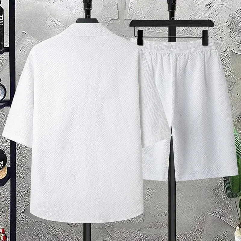 Mens Summer Short-sleeved 2-piece Sets Casual Loose Button Up Collar Shirt and Shorts Men Beach Cool T-shirt Shorts 260415
