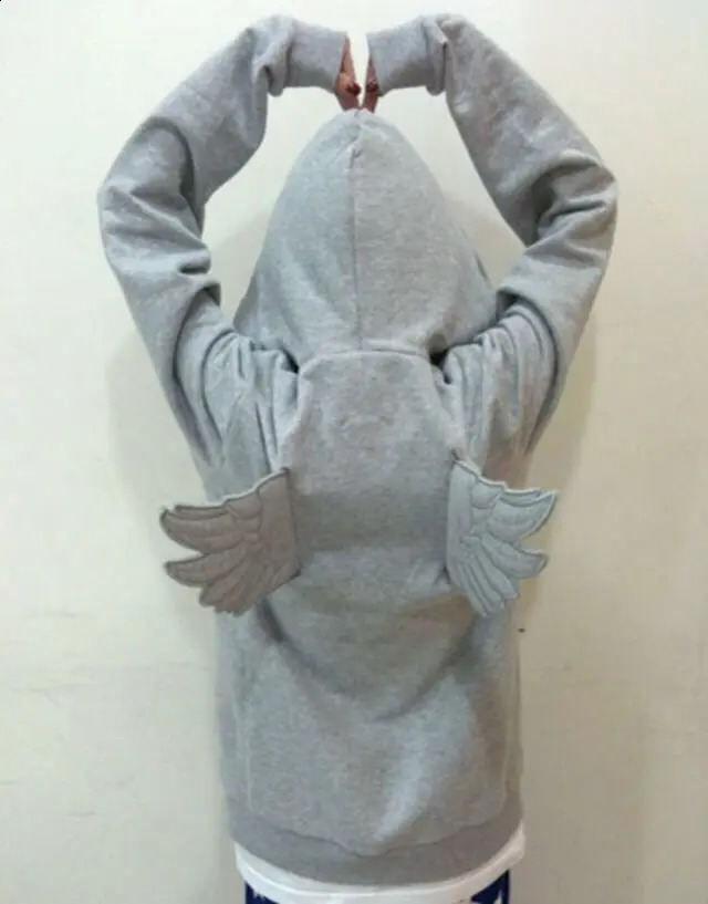 Women Grey Angel Wing Embroidered Hoodie Cute Kawaii Pullover Sweatshirt Wing Decoration Back Y2K Street Harajuku Loose Pullover 260415