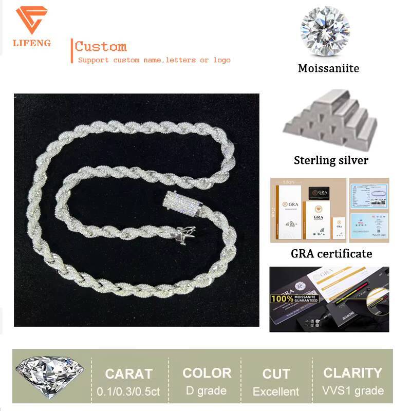 8mm Hip Hop Rope Chain Iced Out VVS Moissanite Diamond Fine Jewelry Pendant Necklace Charm for Women 925 Sterling Silver Chain