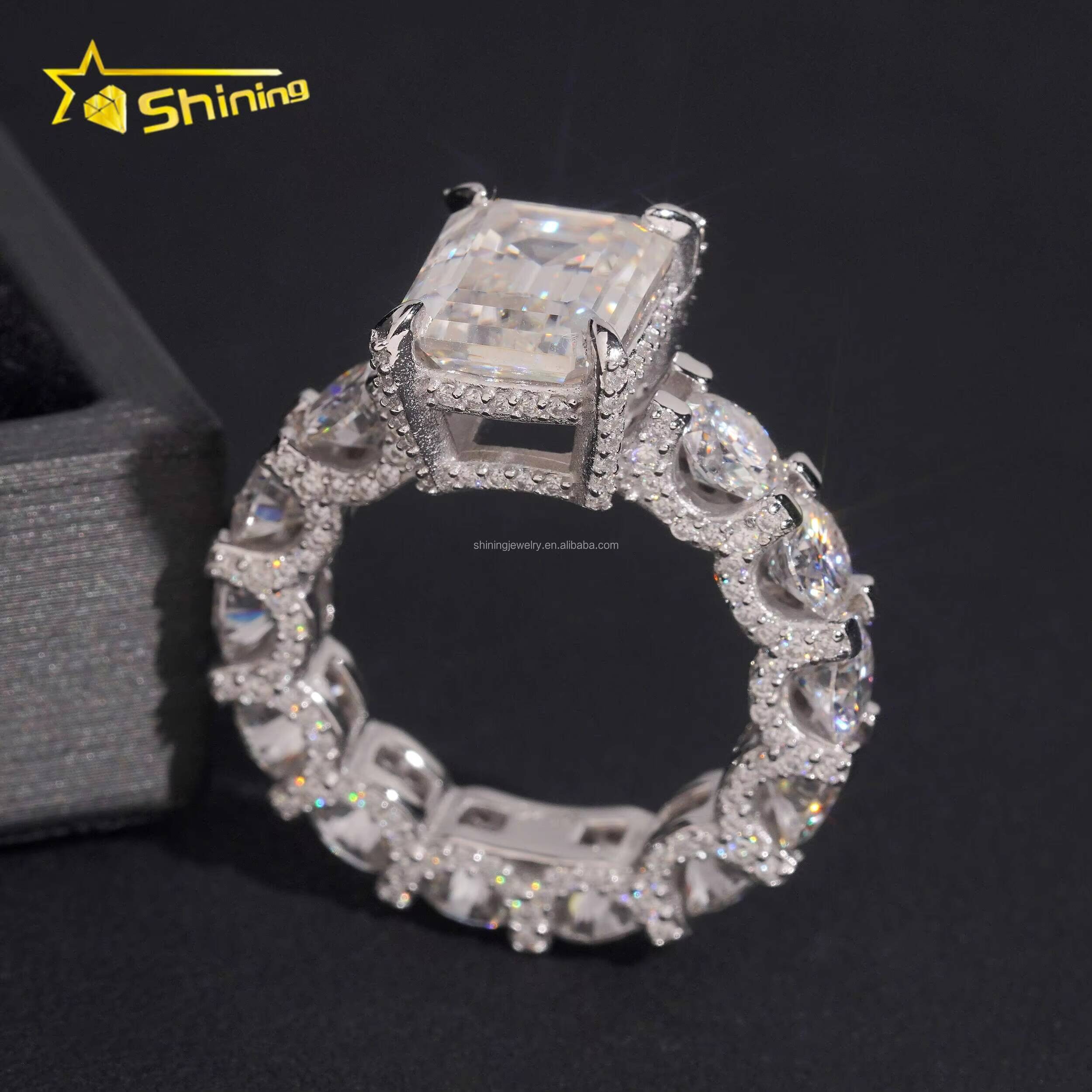 Luxury Style Boutique Fashion 925 Sterling Silver Pass Diamond Tester Emerald Cut Moissanite Engagement Eternity Ring
