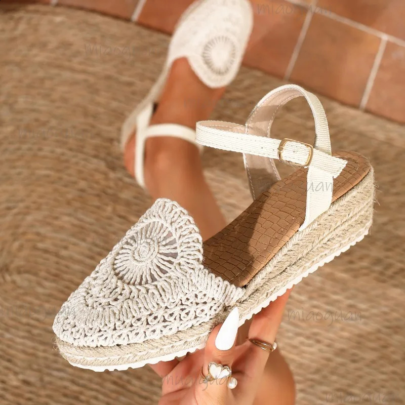 2026 Womens Wedge Espadrille Sandals Ankle Strap Platform Shoes Breathable Knit n Fashion Casual Summer Sandals Size35 260415