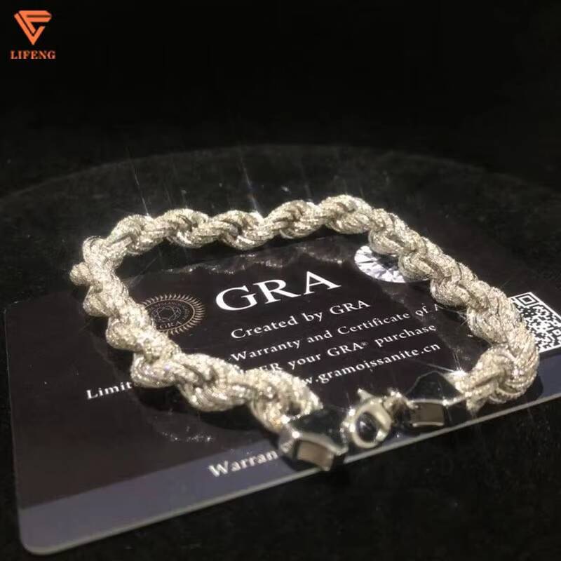 Fashion Jewelry White Gold 925 Sterling Silver Bracelet Iced Out 8 mm VVS Moissanite Hip Hop Rope Chain Charm Bracelet for Men