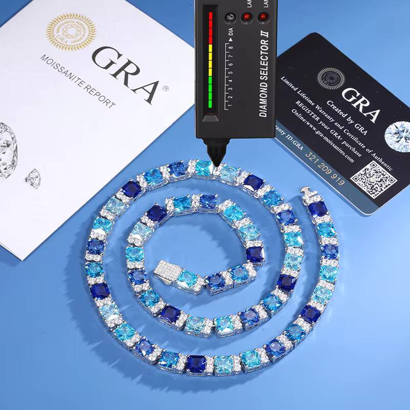 New Arrival Summer Blue Gradient Color CZ 925 Sterling Silver Tennis Chain Iced Out Moissanite Fashion Colorful Necklace