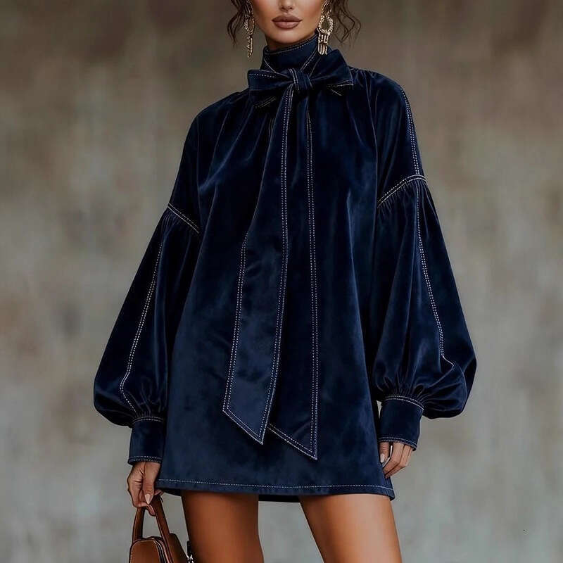 American Retro Collar Lantern Long Sleeve Bow Tie Elegant Velvet Women Mini Dresses Casual Autumn High Street Dress MAKOUFEI