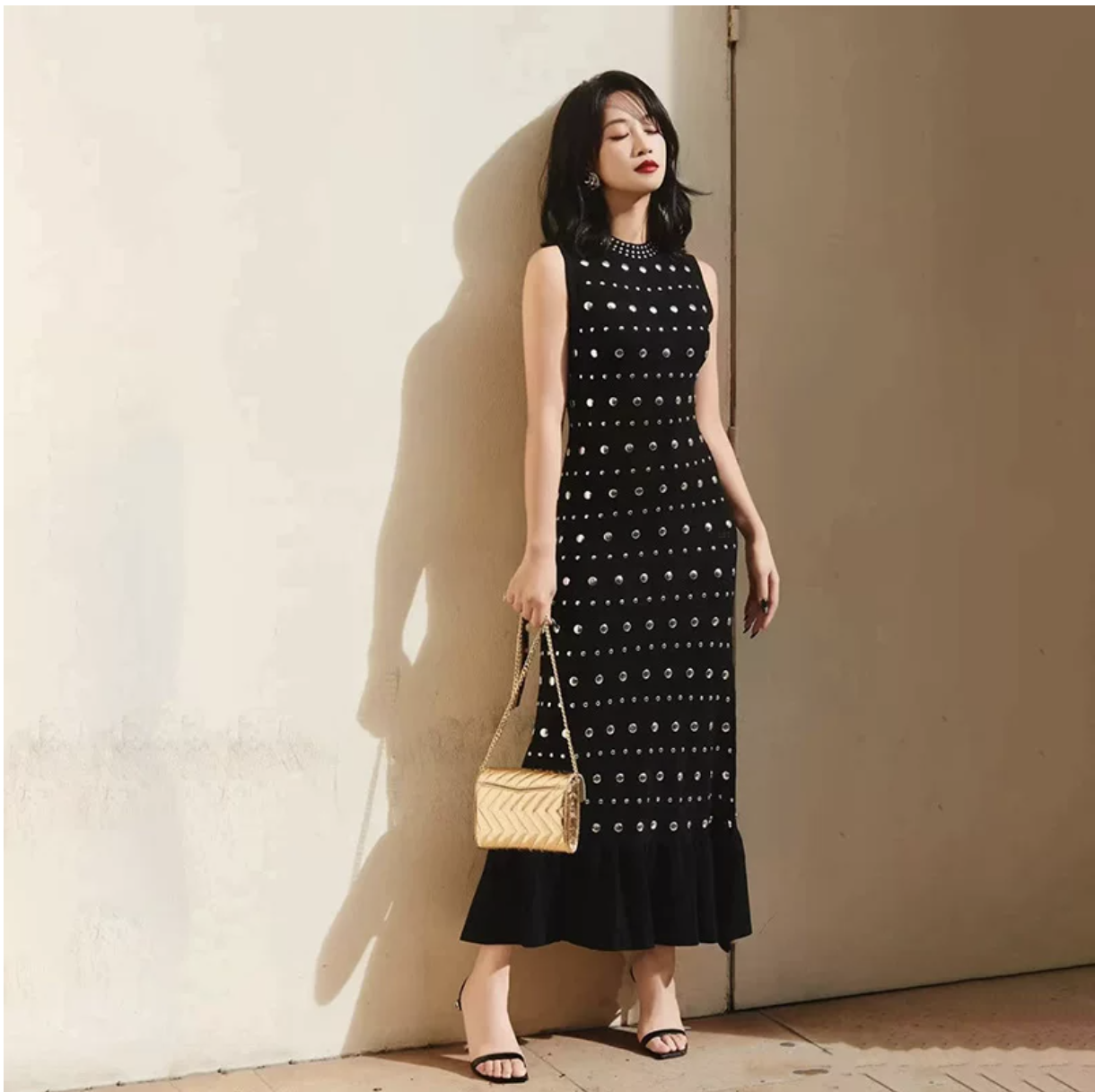 New polka dot rivet ruffle black sleeveless vest dress mid length dress