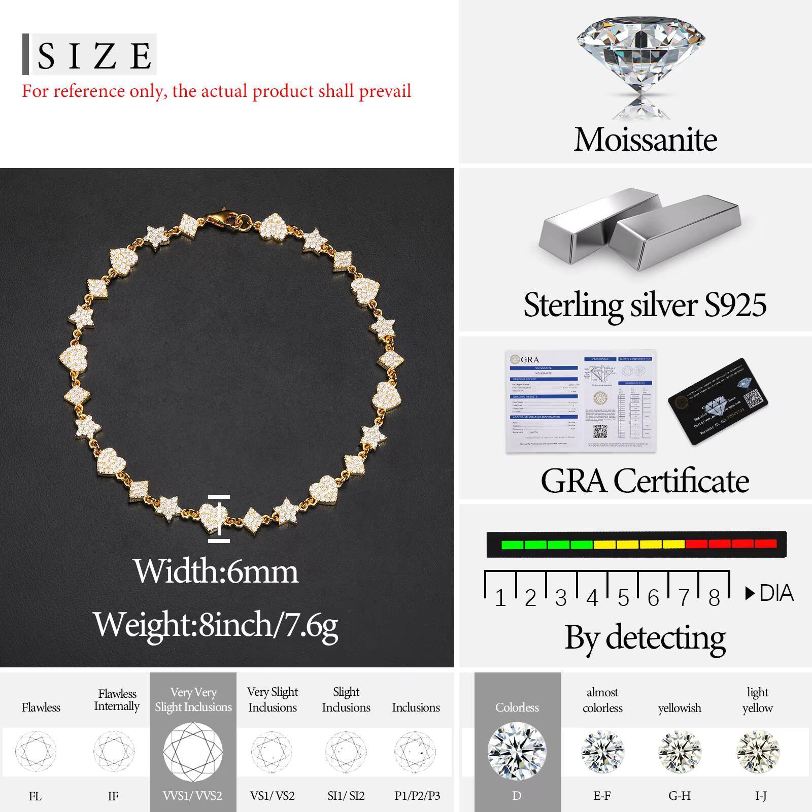 Dropshipping Fashion 6mm 10mm 925 Sterling Silver VVS Moissanite Iced Out Star Heart Rhombus Motif Cluster Tennis Bracelet