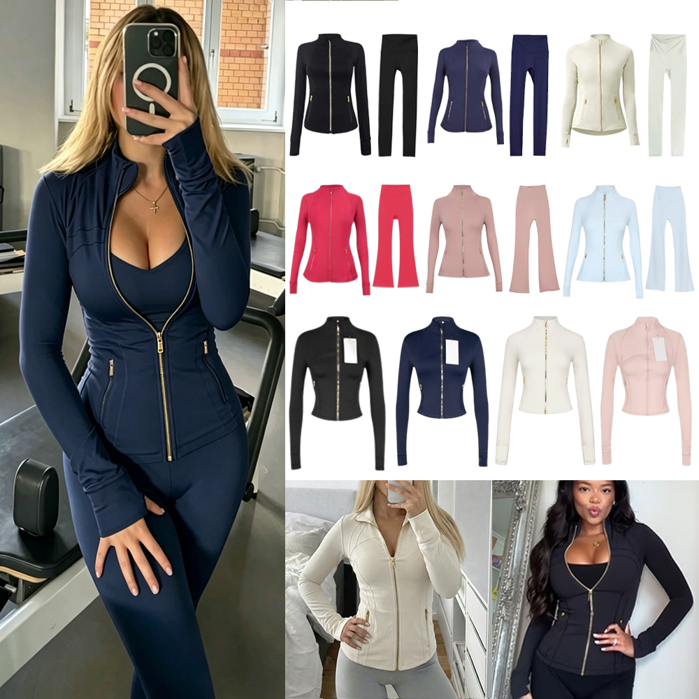 Women designer Yoga Cropped Jacket Outfit Women Gold Zipper Activewear Slim Fit Zip Thumb Hole Running Workout Fitness men Women jackets sets